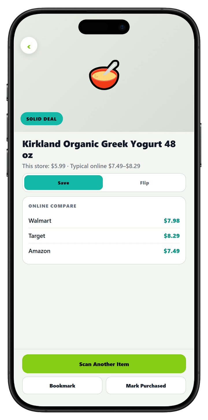 Clockd Save result with Solid Deal and Amazon, Walmart, Target comps